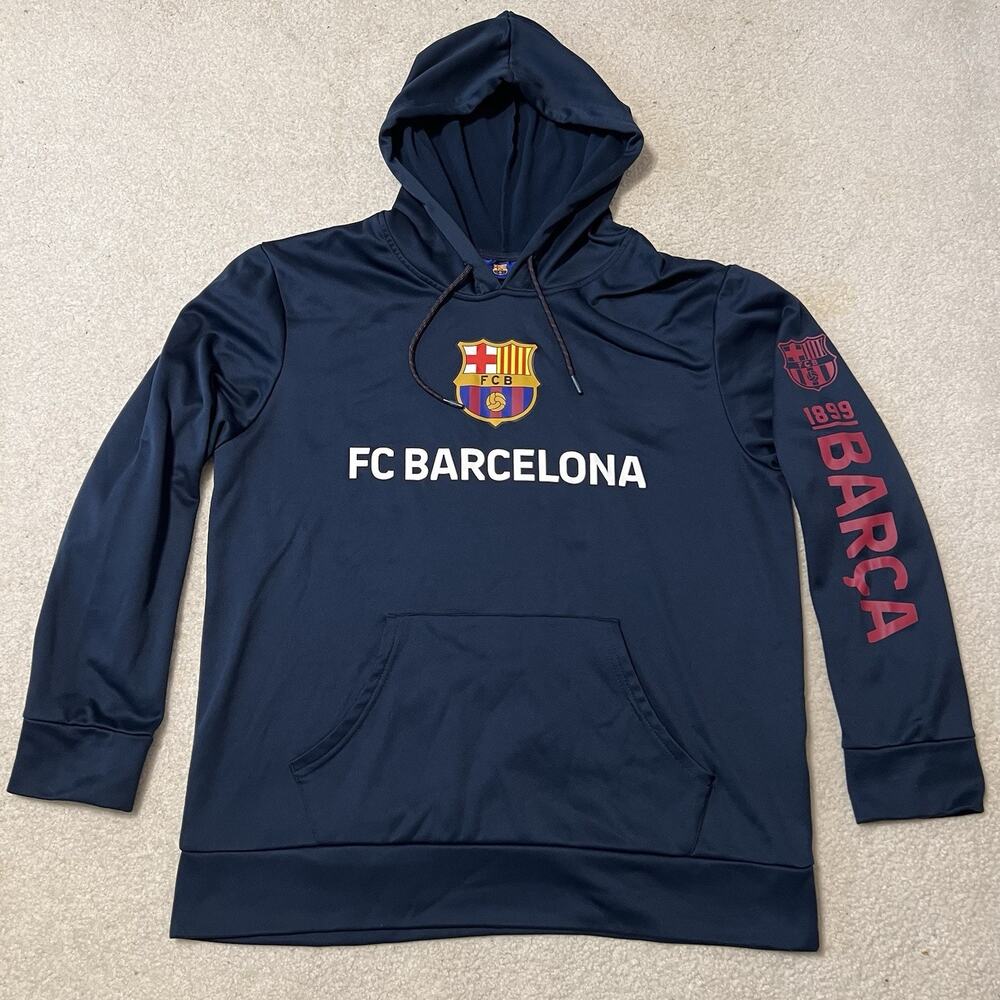 FC Barcelona Large Hoodie Soccer Football Barça Crest Logo Blue Pullover 1899